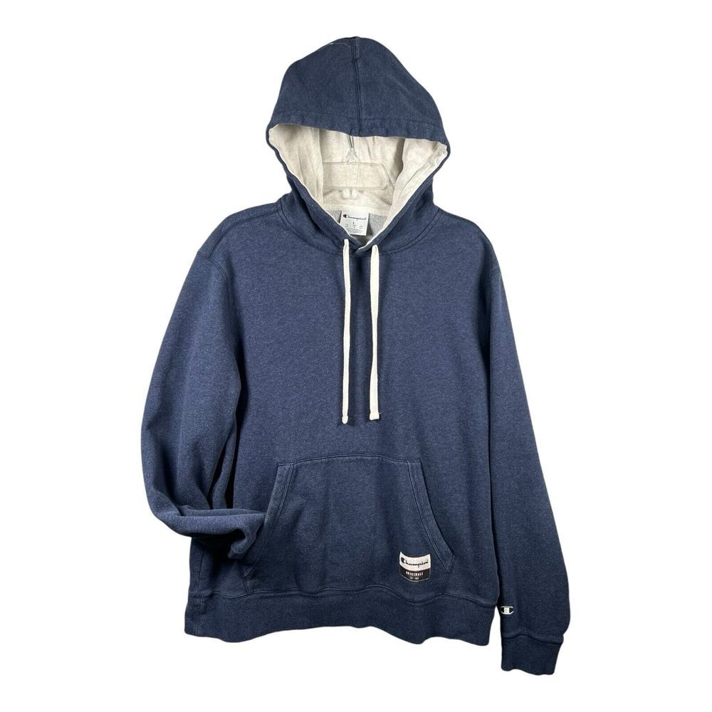 CHAMPION Hoodie‎ Mens Large Original Sueded Fleece Sweatshirt Pullover Blue